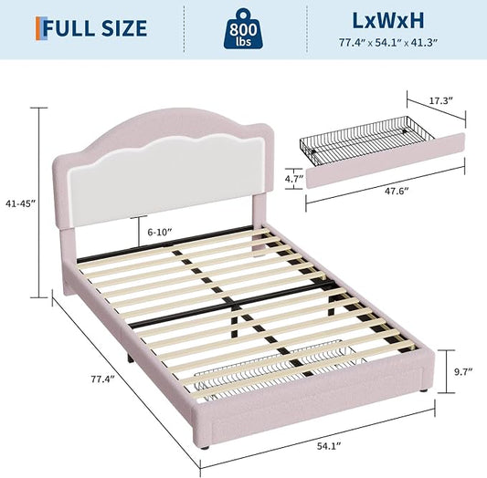 IDEALHOUSE Full Bed Frame with LED Headboard and Under-Bed Drawer, Boucle Fabric Upholstered Platform Bed with LED Light for Kids, Girls, Wooden Slats Support, No Box Spring Needed, Pink