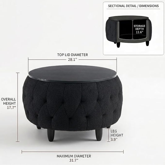 Large Round Storage Ottoman Coffee Table with Wooden Tabletop, 32 Inches Teddy Fleece Tufted Ottoman for Living Room, Bedroom, Apartments (Black)