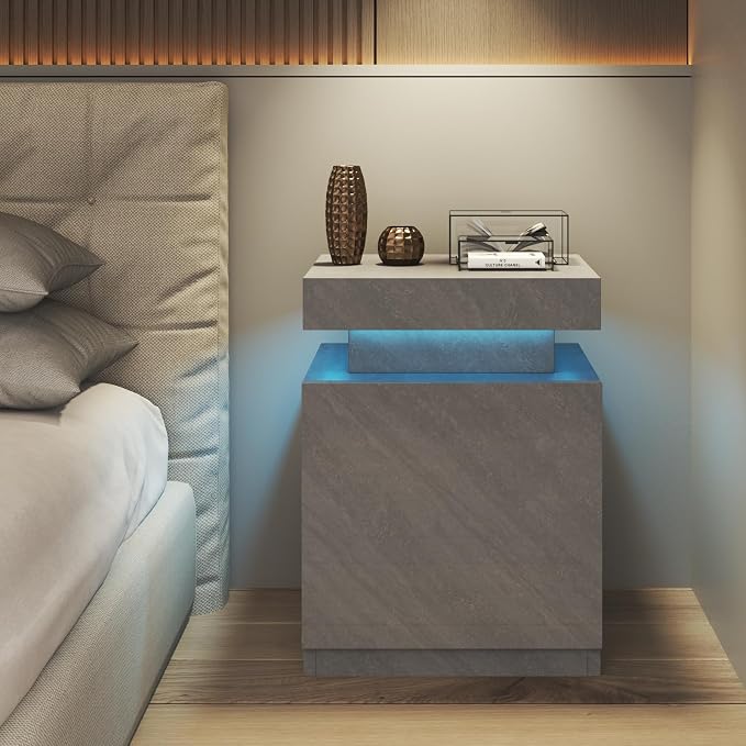 MXV Nightstand Set of 2 with LED Lights,Night Stand with Storage Cabinet for Bedroom,Bedside Table with LED (Grey, 24IN Tall)