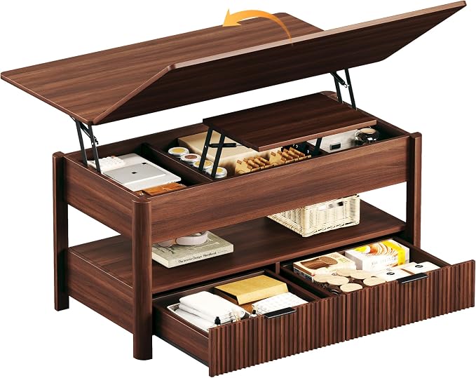 HUAHUU 40" Lift Top Coffee Table, 4 in 1 Square Coffee Table with Storage Shelf & 2 Drawers, Modern Coffee Tables with Lift Tabletop, Converts to Dining Table for Living Room, Home Office, Walnut