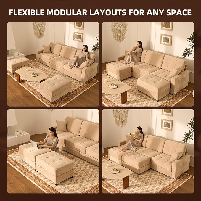 112" U Shaped Modular Cloud Sectional Couch, Waffle Fabric, Oatmeal Beige | Modular Deep Seat Sofa, Movable Ottoman, Pocket Spring Cushions, 2-Box Delivery, Living Room Lounge Use, Not Boneless