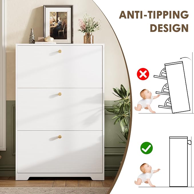 Nicetree Shoe Cabinet with 3 Flip Drawers, Narrow Shoe Organizer Cabinet, Freestanding Shoe Rack Cabinet, Modern Shoe Storage Cabinet for Entryway, Hallway, Foyer, White