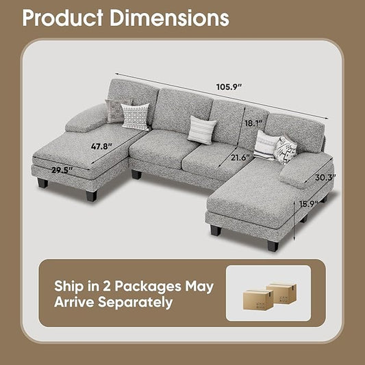 Furmax Sectional Couches for Living Room, U-Shaped Sofa Couch with Linen Fabric, 4 Seat Sofa Set with Double Chaise for Apartment (Loop Yarn, Pearl Gray)