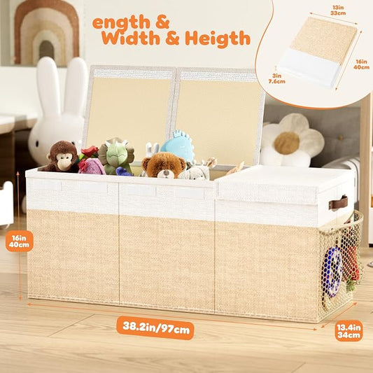 Dayacoco Extra Large Toy Box Chest with Lids, Collapsible Sturdy Kids Toy Storage Organizer Boxes for Boys Girls, Collapsible Sturdy Toys Chest Storage Organizer Bin Basket, Beige