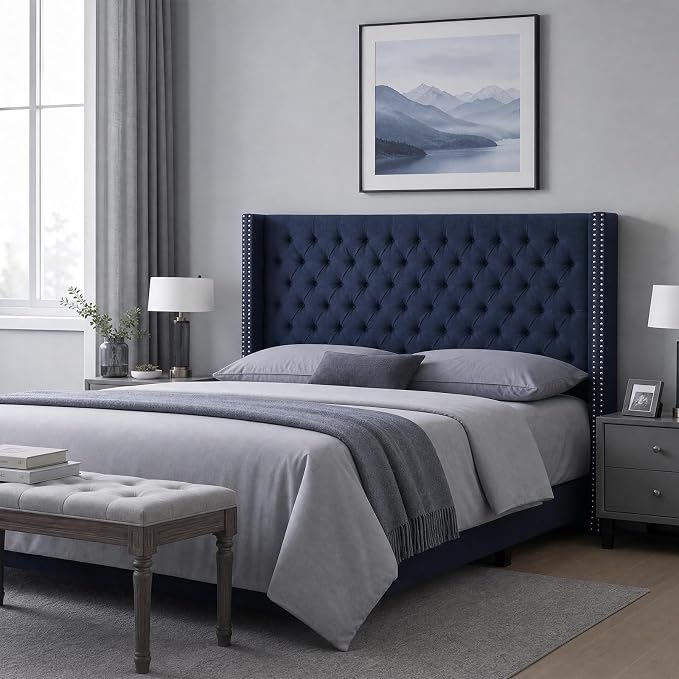 Madison Park King Wingback Upholstered Tufted Headboard, Featuring High-Density Sponge Padding, Adjustable Height Headboard, Easy Assembly, Navy