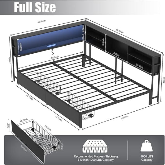 Bellemave Full Corner Bed Frame with Storage, Full Captains Bed with Charging Station, LED Light, Wood Daybeds with L-Shaped Bookcase and 2 Drawers, Black