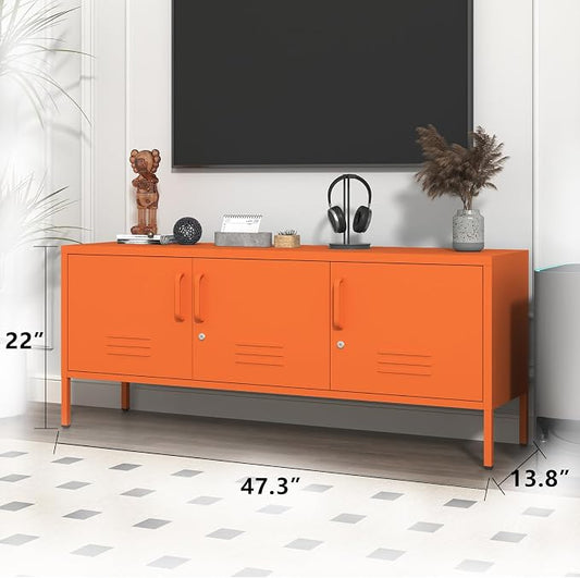 Metal Storage Cabinet-22 Tall Steel TV Stand Cabinets with Lockable Doors and Adjustable Shelves Orange Living Room Locker Organizer for Home Office Bedroom Size:22" H X 47.3" W X 13.8" D