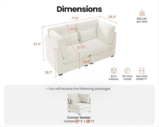 77" Oversized Chenille Couch Modular Sectional Sofa, Washable Cloud Couch Sectional, 2 Seater Sectional Couches for Living Room, Fully Cover Removable, Loveseat Sofa, Chenille, White