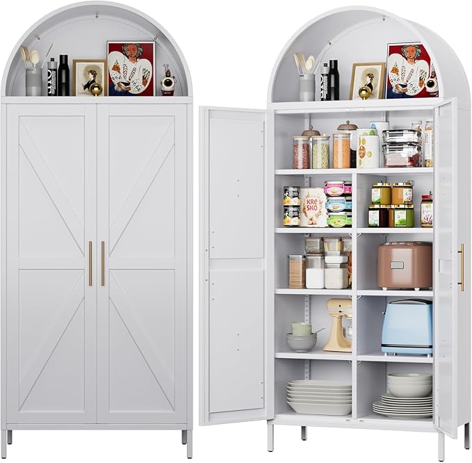 72.8" White Metal Arched Pantry Cabinet for Kitchen Storage, Tall 2-Door Cupboard with 6 Adjustable Shelves, Magnetic Closure & Anti-Tip Kit, 15.4" D x 30.7" W, Assembly Required