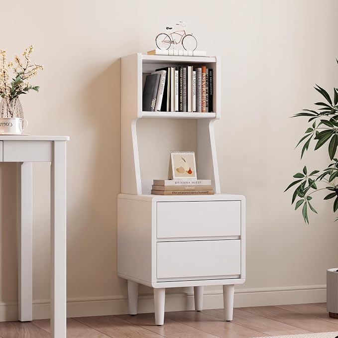 Solid Wood Bookshelf with Drawers,Narrow bookcase with Storage Shelves,Tall Nightstand with Drawers,Mid Century Modern Nightstand,Open Shelf Bookcase,Small Book Shelf for Bedroom,Living Room,Offices