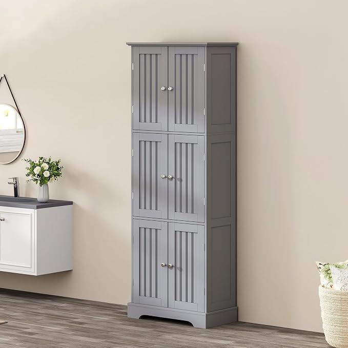 ChooChoo Tall Bathroom Storage Cabinet with 6 Doors, Freestanding Floor Cabinet with Adjustable Shelves, Grey Pantry Cabinet for Bathroom, Kitchen, Laundry Room