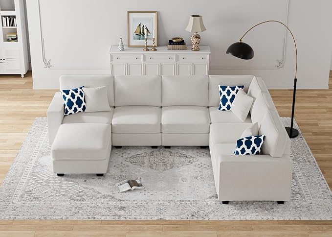 Legend Vansen Oversized Modular Sectional Sofa,U/L‑Shaped Reversible Couch with Ottoman,Deep Seat Plush Polyester Sofa for Living Room,7‑Seater,Cream