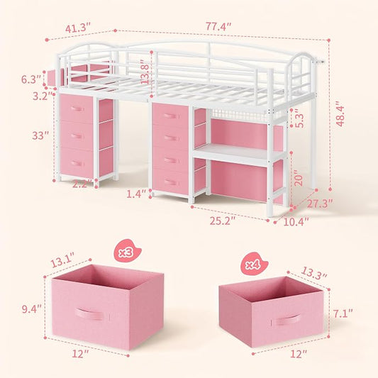 Low Loft Bed Twin Size with 7 Storage Drawers, Desk and LED Lights, Heavy Duty Metal Kids Loft Bed with 13.8" H Safety Guardrail, Anti-Collision Pad, Private Play Curtain, Under-Bed Play Space - Pink