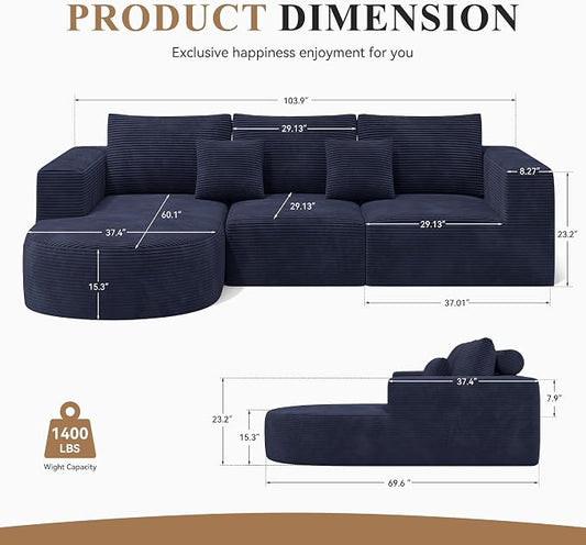 L-Shaped Boneless Couch,104" Couches for Living Room with Curved Chaise,Modular Sectional Sofa with Deep Seat,Modern Cozy Cloud Compression Sofas,No Assembly Required(Blue) 1PCS