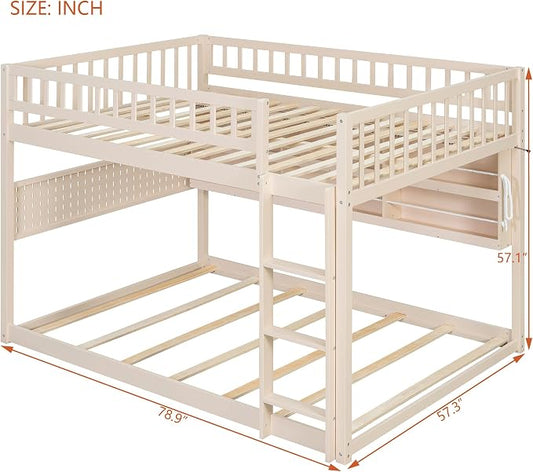 Full Over Full Bunk Bed, Wood Bunk Bed with Integrated Shelving, Color-Changing Lights and Pegboard for Kids Teens Adults, Beige