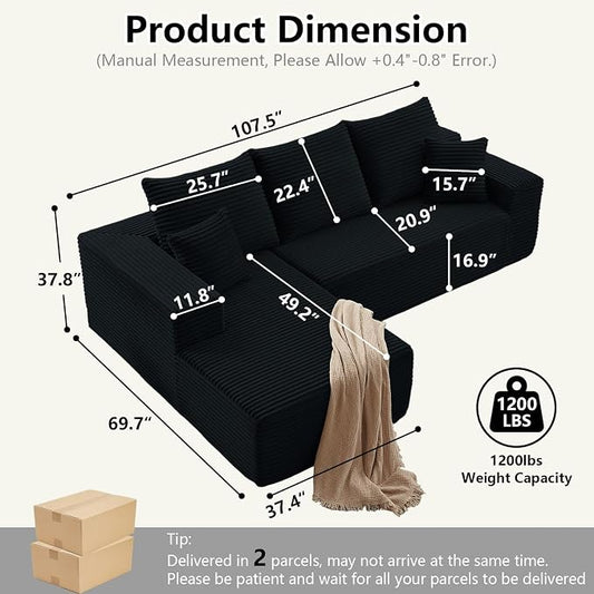 107" Cloud Sectional Couch with L-Shape Chaise, Modern Modular Comfy Sofa with Deep Seat, Upholstered Corduroy Couches Sleeper Chaise Longue for Living Room Bedroom, No Assembly Required, Black
