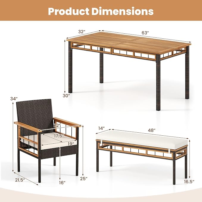 Tangkula 6 Pieces Patio Dining Table Set, Outdoor Rectangular Acacia Wood Table with 1.97” Umbrella Hole & Cushioned Backless Bench & 4 Armchairs, for Garden, Deck, Yard