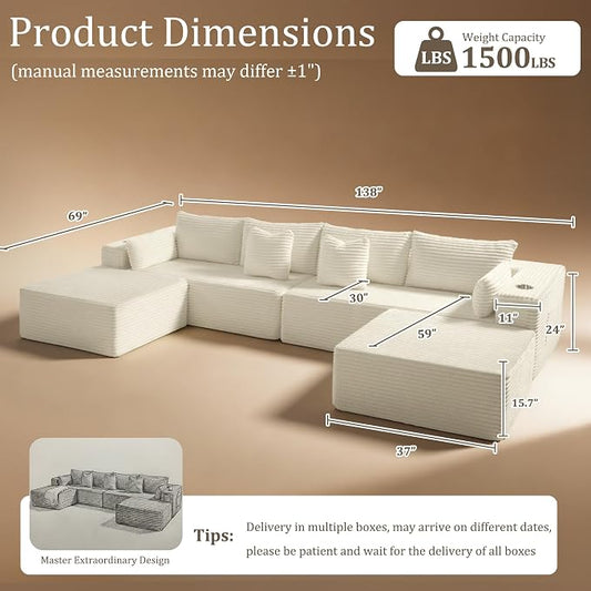 138" Cloud Sectional Couch, Comfort U Shaped Sofa for Living Room, Extra Deep Seats No Assembly, Minimalist Modular Couch, Corduroy (Cream, 6 Seats,U-Shape A)