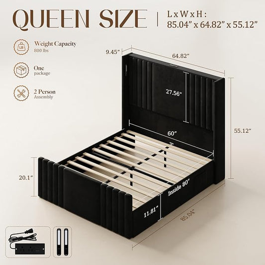 Queen Bed Frame with 55.1" Tall Headboard, Velvet Upholstered Platform Bed with Channel Tufted Wingback, 2 Reading Lights/Storage Shelf/Charging Station/Easy Assembly/Noise-Free, Black