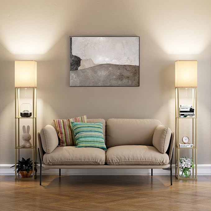 Floor Lamp with Shelves for Living Room Natural Wood, Shelf Floor Lamp with 3 CCT LED Bulb, Corner Display Standing Column Lamp Etagere Organizer Tower Nightstand with White Linen Shade for Bedroom