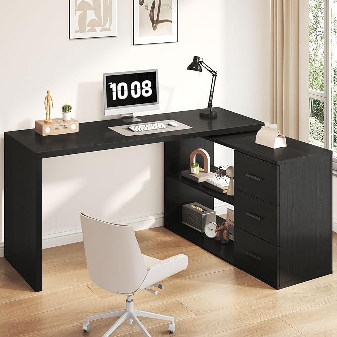 HSH L Shaped Office Desk with Drawers Shelves 55-76 Inch, Corner Computer Desk with Storage 360 Rotating Long for Executive, Work, Study, Writing, Teacher, Bedroom Modern Gaming Table Black