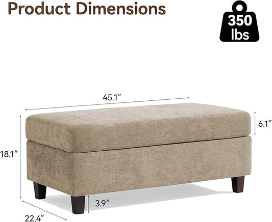 45 Inch Large Storage Ottoman Bench with Wooden Tray Coffee Table, Khaki Chenille Upholstered Foot Rest, Multifunctional Foot Stool Ottoman for Living Room, Bedroom & Entryway, Solid Wood Legs