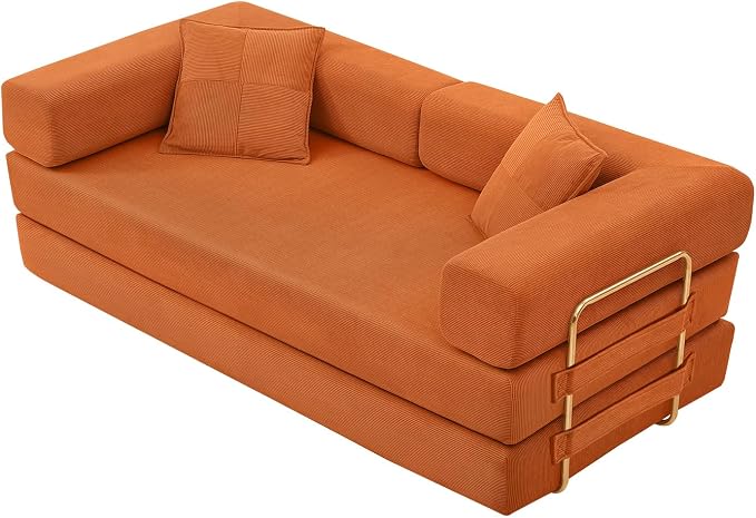 4-in-1 Folding Convertible Sofa Bed, 78 Inch Boneless Couch with Fixed-Shape Frame, Corduroy Loveseat Sleeper with Pull Out Bed, Floor Sofa Modular Futon Couch for Living Room Bedroom Lounge (Orange)