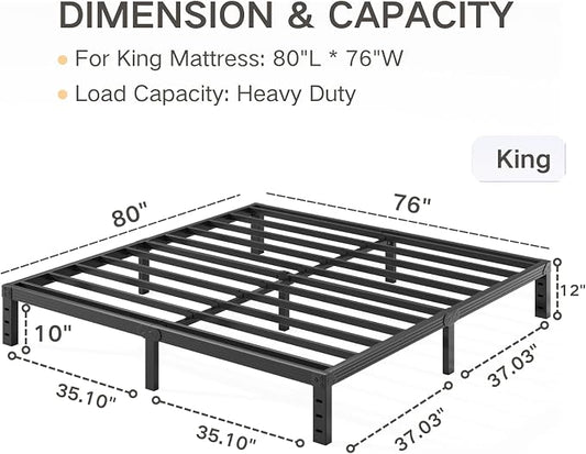 King Bed Frame Heavy Duty,12" High Black Metal Platform Bed Frame,Sturdy Steel Frame,No Box Spring Needed,Noise-Free,Easy Assembly