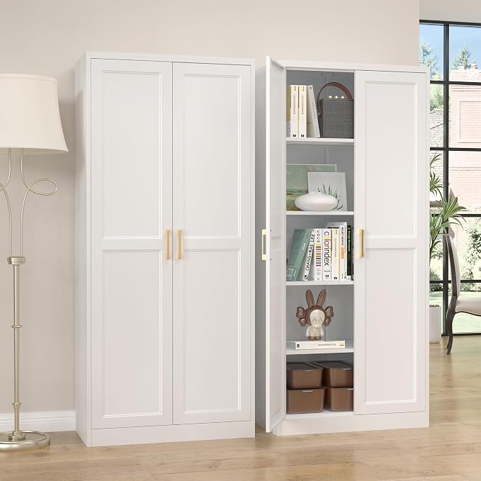 SteeLoong Kitchen Pantry Cabinet,71”White Metal Pantry Storage Cabinet with Doors and 4 Adjustable Shelves,Kitchen Cabinet with 2 Gold Handles,Tall Cabinet for Livingroom,Pantry, Bathroom,Kitchen