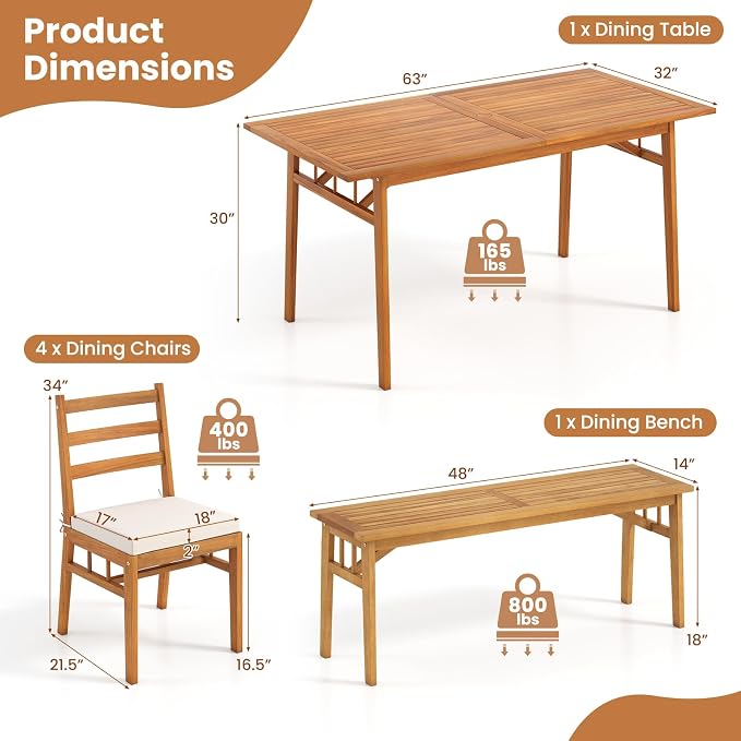 Tangkula 6 Pieces Patio Acacia Wood Dining Set, Outdoor Rectangular Table with 1.97” Umbrella Hole, Bench and Cushioned Chairs for 6, for Deck, Yard and Poolside