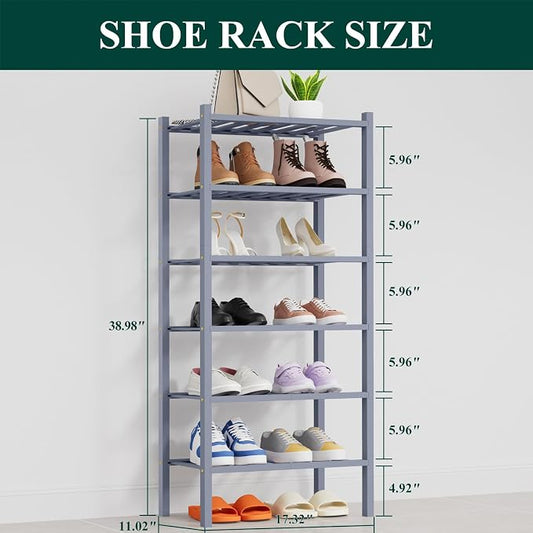 Smiry Small Bamboo Shoe Rack, 6 Tier Free Standing Wooden Shoe Organizer, Stackable Wood Shoe Storage Shelf for Closet, Entryway, 14 Vertical Slats, 2+2+2 Stack Thicker Legs, 17.3"x11"x39", Grey