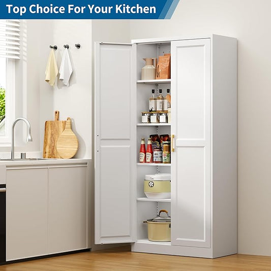 71" Metal Storage Cabinet with 4 Adjustable Shelves, White & Gold Tall Kitchen Pantry Cabinet, 180 lbs Load Per Shelf, Heavy Duty Steel Utility Organizer, Magnetic Catch