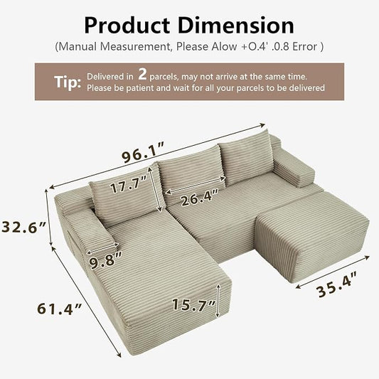 96" Cloud Sectional Couch U-Shaped Chaise with Ottoman, Corduroy Boneless Couch for Living Room Bedroom, Deep-Seat Upholstered Modular Cloud Sofa, No Assembly Required (Camel, Left Facing Chaise)