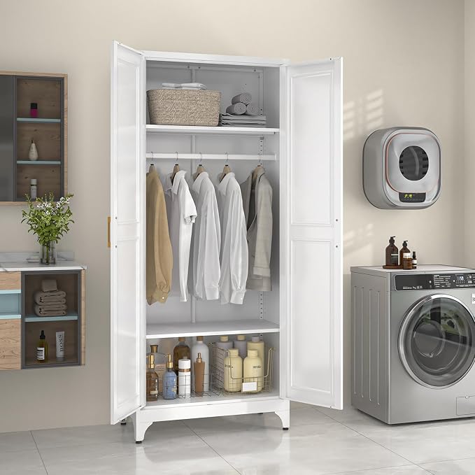 SteeLoong Metal Wardrobe Cabinet with Hanging Rod, 71" Tall Armoire Wardrobe Closet with 2 Doors and Adjustable Shelves, White Clothing Storage Cabinets for Bedroom, Laundry Room, Cloak Room