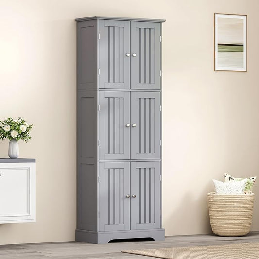 ChooChoo Tall Bathroom Storage Cabinet with 6 Doors, Freestanding Floor Cabinet with Adjustable Shelves, Grey Pantry Cabinet for Bathroom, Kitchen, Laundry Room