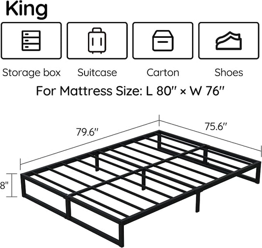 Richwanone 8 Inch King Size Bed Frame Heavy Duty Metal Platform Bed, Black | King Size Bed Frame, Mattress Foundation with Steel Slat Support, No Box Spring Needed, Easy Assembly