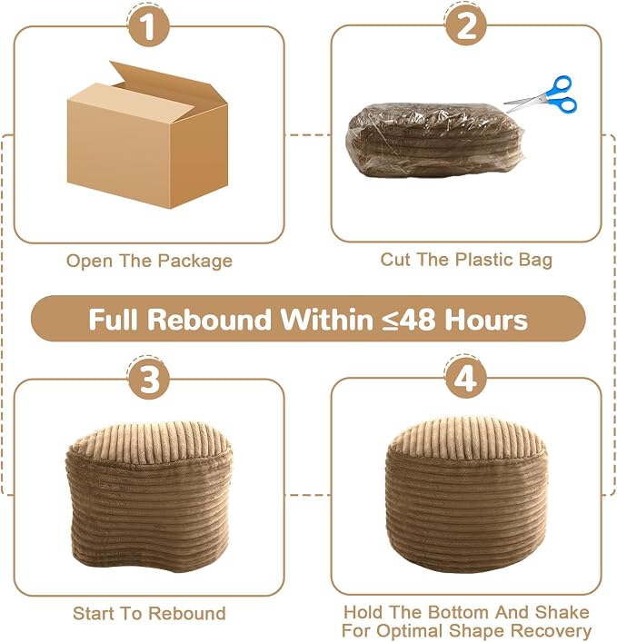MeMoreCool Stuffed Round Pouf Ottoman Foot Rest, Soft Plush Floor Pouf Foot Stool, Corduray Footstool Footrest, Small Round Ottoman for Living Room Couch Sofa Chair, 20x15 Inch Coffee