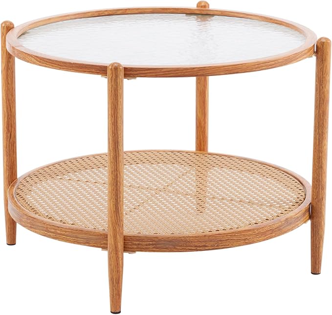 VINGLI 25.6" Rattan Coffee Table, Round Water-Wave Glass Metal Center Table, Modern Coffee Table with 2-Tier Storage, Farmhouse Circular Coffee Tables for Living Room and Small Space, Natural Vibe