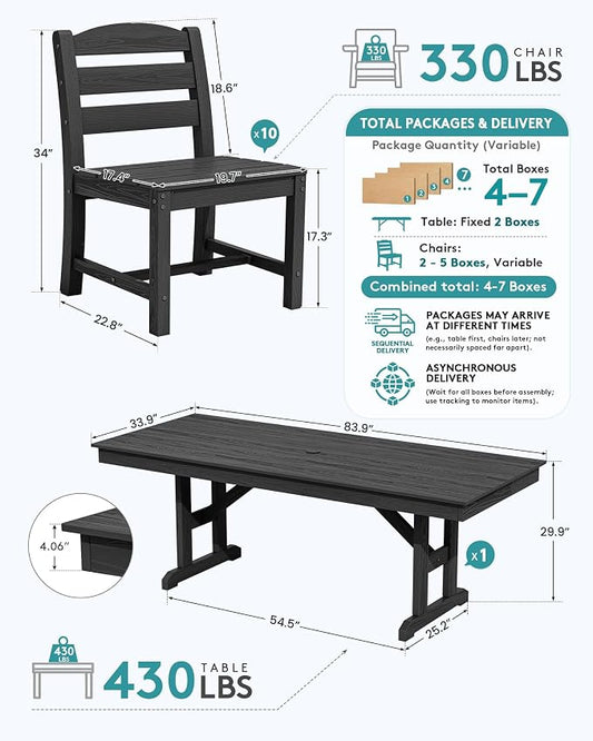 SERWALL 9 Piece 84" HDPE Outdoor Dining Set for 8 with Armless Chairs and Umbrelle Hole, Black