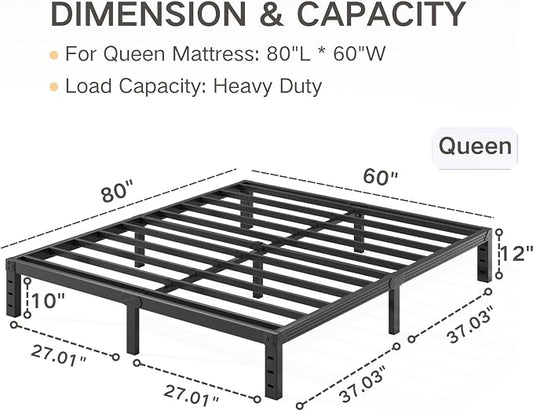 Queen Bed Frame, Heavy Duty 12" High Black Metal Platform Bed, Sturdy Steel, No Box Spring Needed, Noise-Free, Easy Assembly