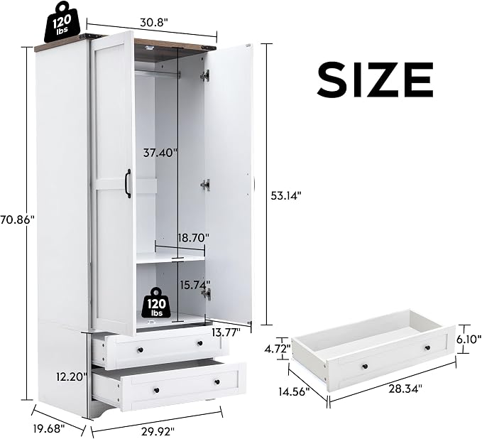 Yechen 71" Wooden Armoire Wardrobe Closet - Modern Functional Clothes Tall Storage Cabinet with Adjustable Shelf and Hanging Rail, Sturdy Freestanding Closet Wardrobe with 2 Wide Drawers for Bedroom