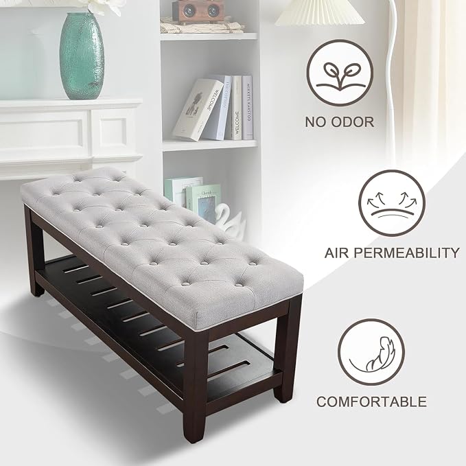 adochr Linen Large Rectangular Ottoman with Storage, Upholstered Entryway Bench for Living Room, Oversized Button Tufted Ottoman with Wood Shelf Storage, Light Grey