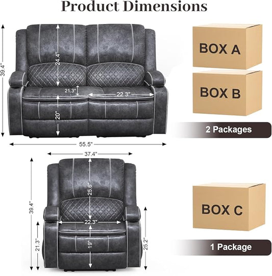 Yolsali Velvet Fabric Loveseat Recliner Sofa Set with 2-Tier Cushion, 2+1 Pieces in Living Room, 2 Seater Reclining Loveseat with Removable Console, 1 Oversize Recliner Chair Sofa Seat - Grey