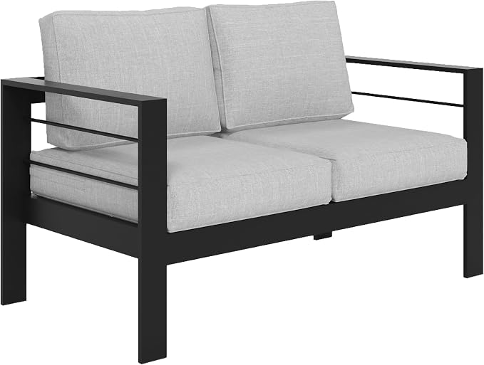 Solaste Aluminum Patio Loveseat, Metal Patio Sofa with Water-Resistant Cushion, Weather-Resistant Modern Outdoor Loveseat, Black Frame Grey Cushion