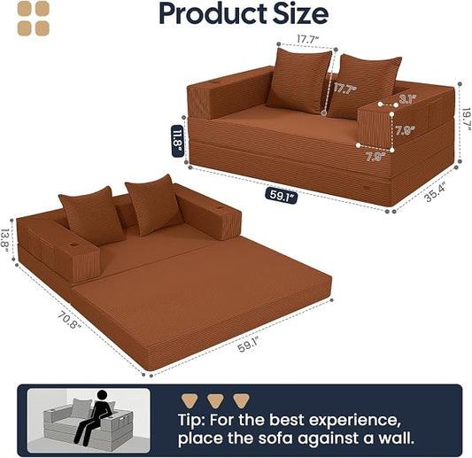 COMAX Futon Sofa Bed, Convertible Sofa Bed, Folding Boneless Couches | Boneless Couch for living room, Fold Out Small Foldable Loveseat Floor Sleeper Mattress Lounge Space‑Saving, Orange