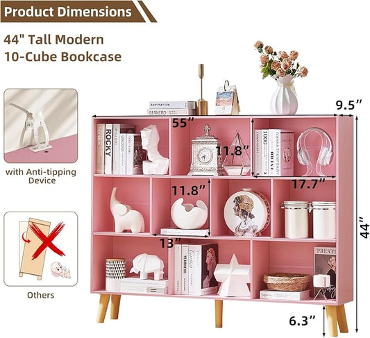 LEYAOYAO 10 Cube Bookshelf, 3 Tier Vintage 55" Wide Bookcase with Legs, Mid-Century Wood Bookshelves Storage, Light Pink Large Book Case, Freestanding Organizer Display Shelf for Living Room, Office