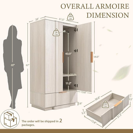 Yechen 67" Fluted Armoire Wardrobe Closet with Doors and Drawer, Wooden Wardrobe Cabinet with Adjustable Shelve, Modern Small Armoires for Hanging Clothes Coats for Bedroom, White Grey