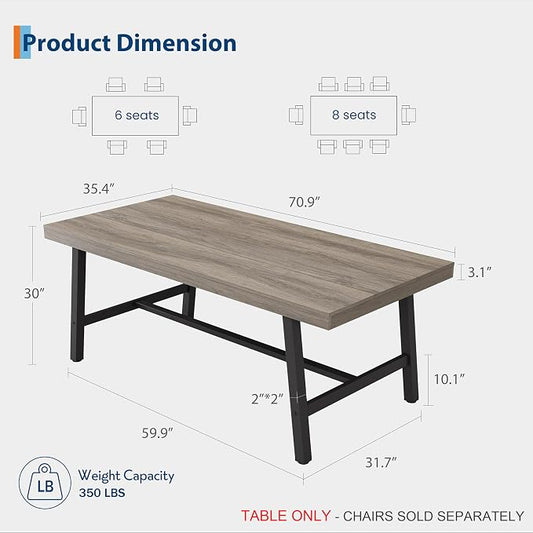 GarveeHome Industrial Dining Table for 6-8 People, 70.87" Long Kitchen Table with Sturdy Metal Frame, Rectangular Counter for Dinner, Kitchen, Dining Room (Grey Walnut, 71" Non-extendable)