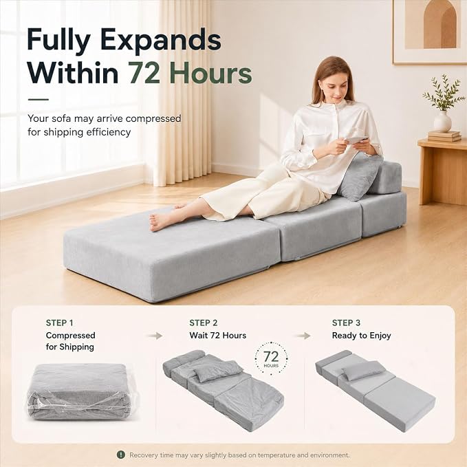 Folding Sofa Bed, Convertible Sleeper Chair with Pillow, Foldable Mattress & Back Support, Portable Floor Lounger Futon for Apartment, Dorm, Living Room, Bedroom (Gray)