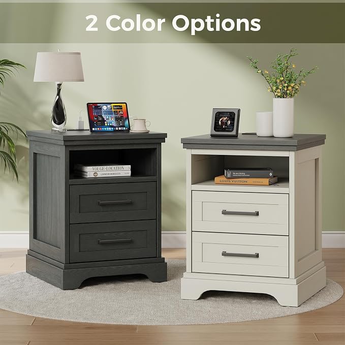 DUMOS Farmhouse Nightstand with Charging Station & USB Ports, Wood Bedside Table with 2 Spacious Storage Drawers and Open Shelf, Minimalist Modern End Table for Bedroom, White